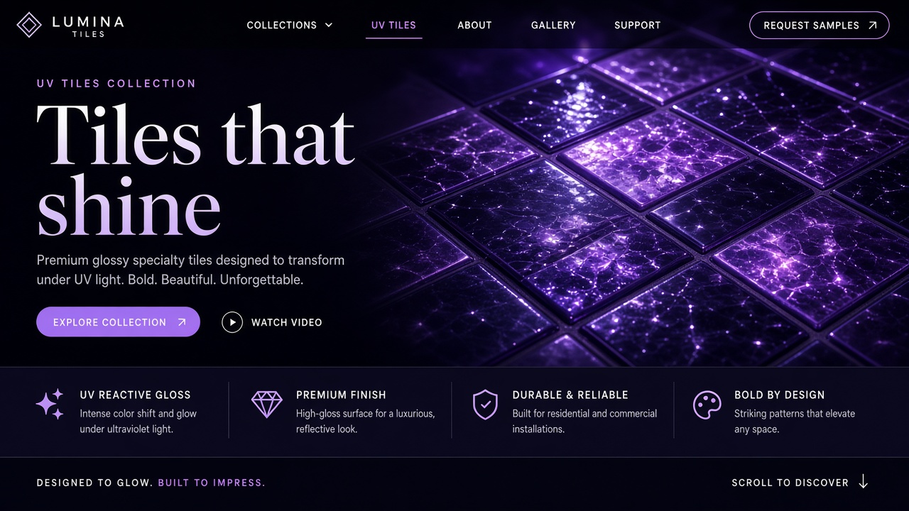 Example website concept 1 for uvtiles.com — illustrative mockup only