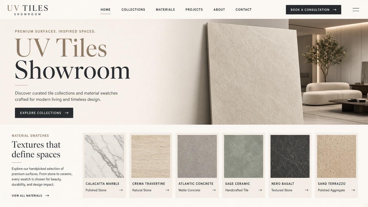 Example website concept 2 for uvtiles.com — illustrative mockup only