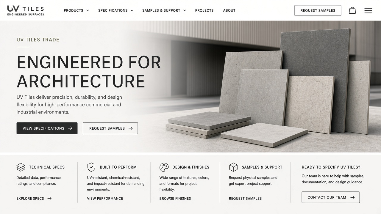 Example website concept 3 for uvtiles.com — illustrative mockup only